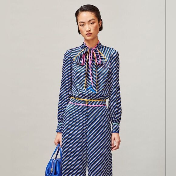 Tory Burch Tops - Tory Burch Blue and White Tie Front Long Sleeve Blouse